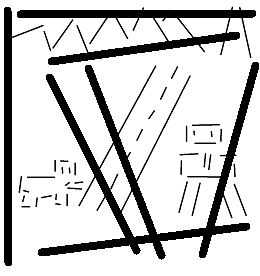 Straße mit Mensch und Hund und Bergen und schwarzen Strichen.